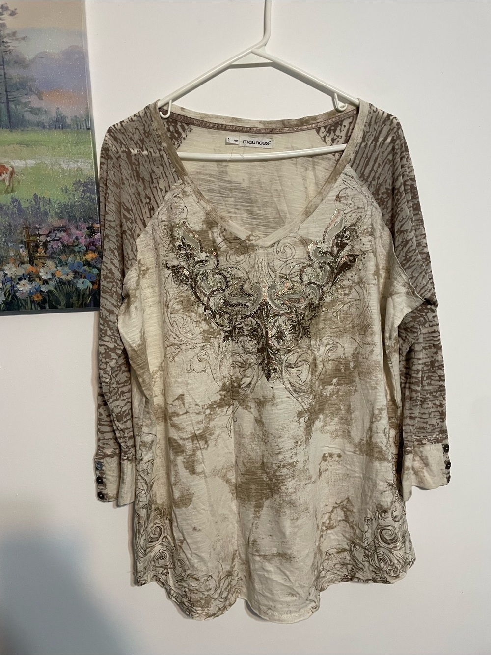 Maurices Cream and Taupe V-Neck Embellished Tunic xl